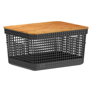 CESTO ORGANIZADOR CON TAPA DE BAMBÚ 8 L GRID - NEGRO